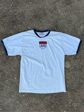 Vintage 'Highway 420' White Ringer Tee with Navy Trim